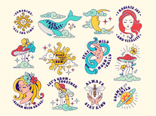 Vintage Celestial Groovy Set Of Stickers With Inspirational Quotes. Free Spirit Slogans With Funky Retro Elements, Celestial And Floral Badges. Graphic Prints For Tee T Shirt Or Motivation Poster.