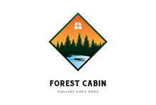 Square House With Pine Cedar Conifer Evergreen Fir Cypress Larch Trees Forest And River Creek For Cabin Chalet Cottage Camp Logo Design Vector