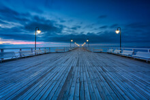 Beautiful Landscape With Wooden Pier In Gdynia Orlowo At Sunrise, Poland