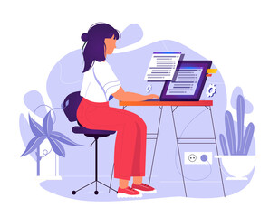 Fototapete - Coder at computer screen with program code. Woman working with big data and tech information on laptop. Software developer work with script. Woman programmer at PC concept vector isolated illustration