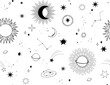 Modern hand drawn vector seamless pattern of planet, star, sun, comet. Universe line drawings. Solar system and Cosmos background. Trendy space signs with magic motifs, constellation, moon phases