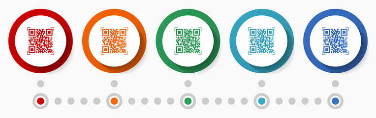 Qr code, business concept vector icon set, infographic template, flat design colorful web buttons in 5 color options