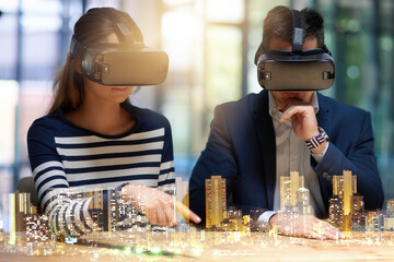 Aufkleber - Planning for the world of tomorrow. Multiple exposure shot of two businesspeople superimposed over a cityscape.