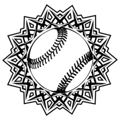 Sticker - Abstract vector illustration black and white baseball ball on round ornament. Design for tattoo or print t shirt.