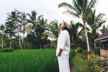 Wall Mural - Side view of happy Balinese farmer in casual hat smiling during daytime in Thailand, cheerful adult man in white apparel visiting countryside with rice fields - natural ecology for cultivation