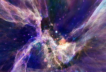 Wall Mural - Galaxy exploration through outer space 3D rendering illustration. Colourful nebulas, galaxies and stars in deep space, glowing gases and energy