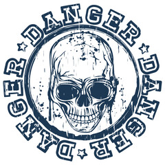 Abstract vector illustration blue old dirty round stamp with lettering danger and grunge skull