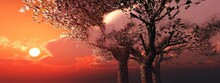 Spring Landscape, Flowering Trees On A Stormy Sky, Sunset In A Blooming Garden, 3d Rendering