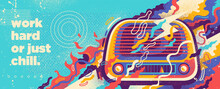 Abstract Lifestyle Background Design With Retro Radio And Colorful Splashing Shapes. Vector Illustration.