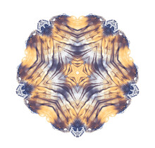 Isolated On White Blue And Orange Watercolor Painted Kaleidoscopic Canvas On White Paper. Fine Abstract Multicolor Symmetric Painting. Symmetrical Artistic Multicolored Background. Bright Color Symmet