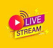 Live stream symbol,banner with play button and wifi.Emblem for broadcasting, online tv, sport, news and radio streaming.Template for shows, movies and live performances.Vector illustration.