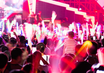 Cheering crowd in front of bright stage lights