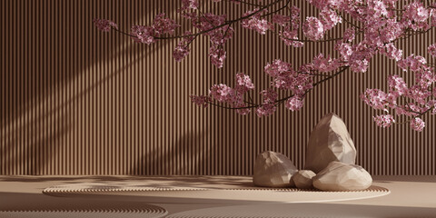 Wall Mural - japanese style decorative product background. nature light podium and cherry blossom with brown back