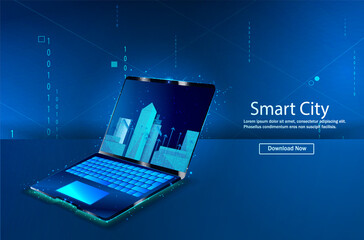 Poster - Smart city. Business center with skyscrapers. Intelligent buildings. The streets of the city are connected to a computer network. Computer network communications. Vector illustration.