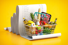 Shopping Basket With Foods On Receipt. Grocery  Expenses Budget, Inflation And Consumerism Concept.
