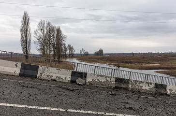 Poster - War in Ukraine. Blown up bridge in Borodyanka