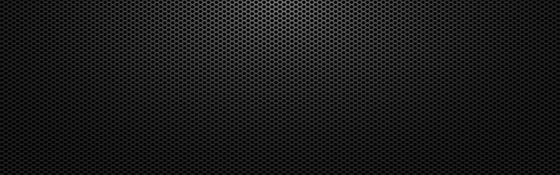 Fototapete - Black metal background. Perforated dark texture with light. Carbon sheet with holes. Abstract steel wallpaper wide. Modern composite material. Vector illustration