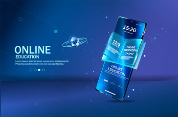Poster - digital vector illustration. online education blue background or concept with opened book. online re