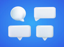 Set Of Four 3D Speech Bubble Icons, Isolated On Blue Background. 3D Chat Icon Set. Set Of 3d Speak Bubble. Chatting Box, Message Box. 3D Web Vector Illustrations. 3D Chat Icon Set. Balloon 3d Style.