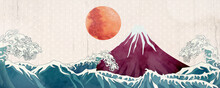 Landscape Art Background In Oriental Style With Sea, Mountain And Sun. Japanese Banner With Mount Fuji For Interior Design, Decor, Web