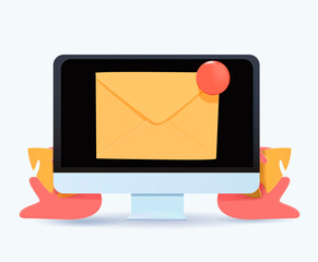 Fototapete - Computer monitor display and envelope. Mail service, e-mail message, mail notification, social network concept. 3d vector icon. Cartoon minimal style. e-mail message, mail notification sending. 3D