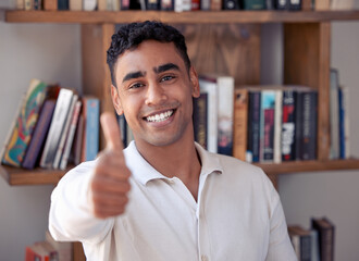 Poster - Satisfaction lies in the effort, not in the attainment. Shot of a young man showing thumbs up at home.