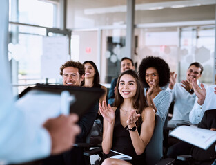 Poster - Presentation goals Making an impact while getting a message across. Shot of a group of businesspeople clapping during a conference.