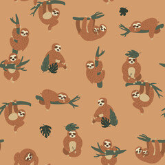 Sloth South America animal vector seamless pattern