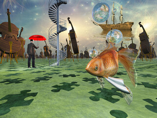 Surreal scene with various elements