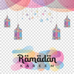 Wall Mural - Ramadan greeting card or banner background. Hand drawn lanterns and stars. Ramadan Kareem hand drawn decoration background. Vector design for muslim ramadan holiday. Vector illustration