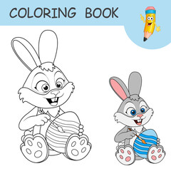 Wall Mural - Coloring book with funny cartoon Easter Bunny with a brush painting an egg. Colorless and color samples of Rabbit and Easter egg. Happy Easter. Spring holiday. Template of practice worksheet for kids.