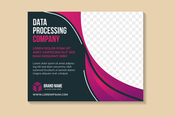 Poster - data processing company flyer design template. purple Brochure horizontal Layout. Annual Report business Leaflet black cover Presentation Modern dark background. Space for photo and text