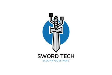 sword tech logo design template. combination of cable data and sword shape in circle using blue colo