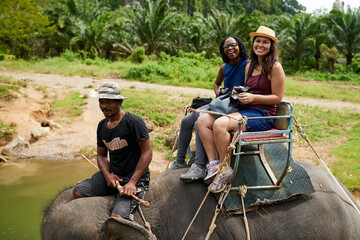 Sticker - The views are so beautiful from up here. Portrait of young tourists on an elephant ride through a tropical rainforest.