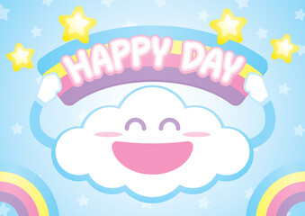 Wall Mural - cute kawaii cloud is smiling and holding rainbow sign with the phrases happy day on blue sky with gold stars and rainbow illustration vector