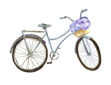 Watercolor Bike With A Basket Of Purple Flowers. For Decorating Invitations, Websites, Banners, Postcards, Fabrics, Logos