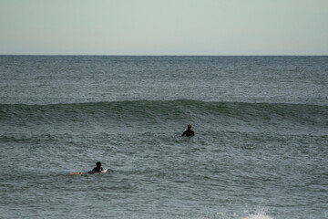 Wall Mural - surfers at the beach catching waves on surfboards