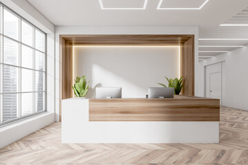 Business reception interior desk with two computers, panoramic window