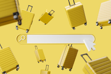 Poster - Search field and suitcase for vacation, flight booking concept. Mockup
