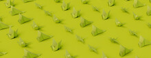 Green Banner With Origami Birds.