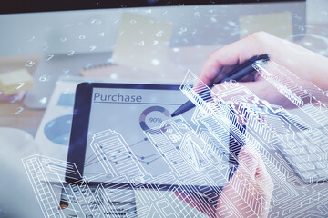 Poster - Double exposure of man's hands holding and using a digital device and city drawing.