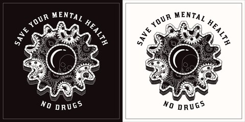 Wall Mural - Monochrome gear label in vintage style with gears, metal rail, rivets. Silhouette of skull inside of lens. Concept of healthy life without drugs