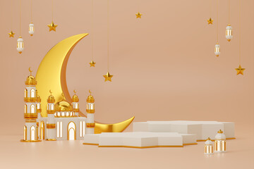 3d rendering image of ramadan and eid fitr theme podium background with islamic decoration objects