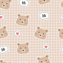 Cute Pattern With Bear On Beige Checkered Background. Vector Seamless Texture For Kids Fabric, Wrapping Paper, Design.