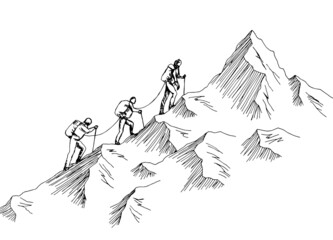 Climbers climb the mountain graphic black white landscape sketch illustration vector 