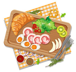 Wall Mural - Top view of breakfast on a wooden tray