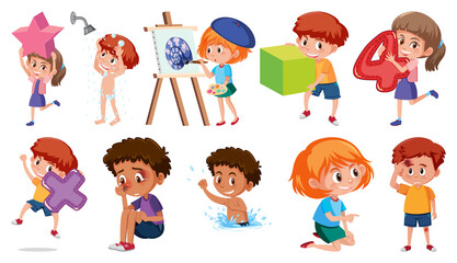 Poster - Set of children doing different activities on white background