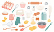 Bakery ingredients icons: baking flour, eggs, butter, cream, sugar and milk. Prepare, cook, pastry products and utensils