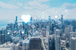 Aerial panorama city of Chicago downtown area and Lake, day time, Illinois, USA. Birds eye view, skyscrapers. Health care digital medicine hologram. The concept of treatment and disease prevention