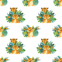 Seamless pattern with watercolor cute little Tiger in tropical Jungle. Bright tropical plants. Isolated on white background